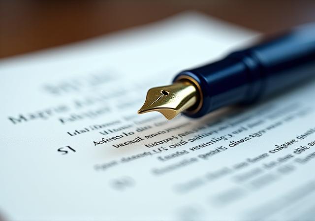 Close-up of a high-end fountain pen resting on a commercial contract