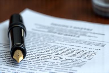 Close-up of a professional legal agreement with a fountain pen